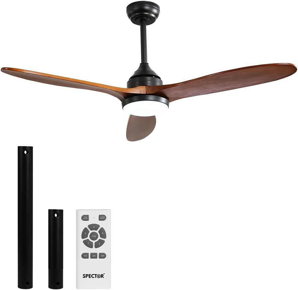 52'' Ceiling Fan DC Motor LED Light Remote Control 1300Mm 5 Speed Walnut Wood Blade Reversible Airflow for Summer Winter 3 Lighting Mode Brown