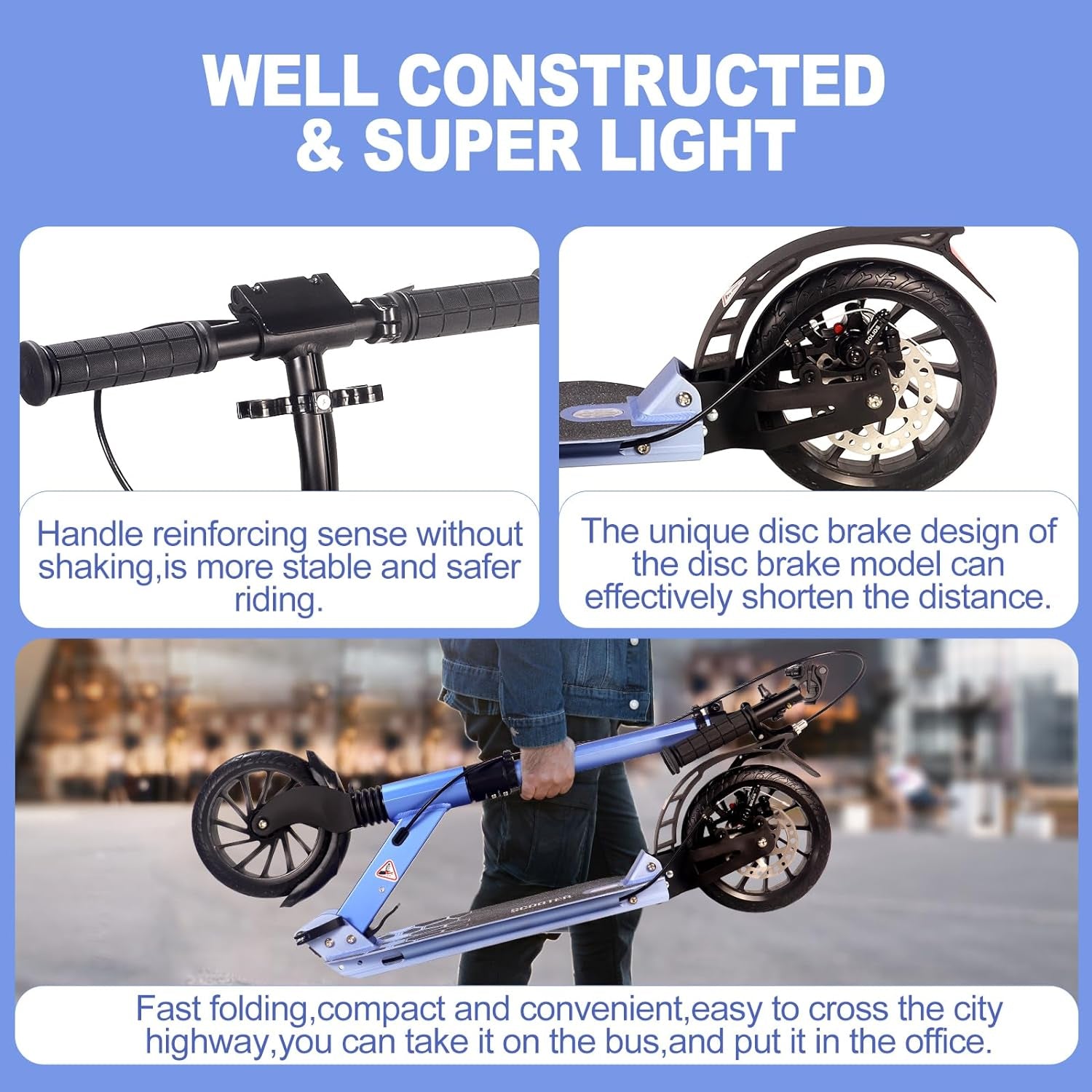 Adult Push Kick Foldable Scooter Big Large Wheels Hand Brake Sensitive Commuter Disc Scooter