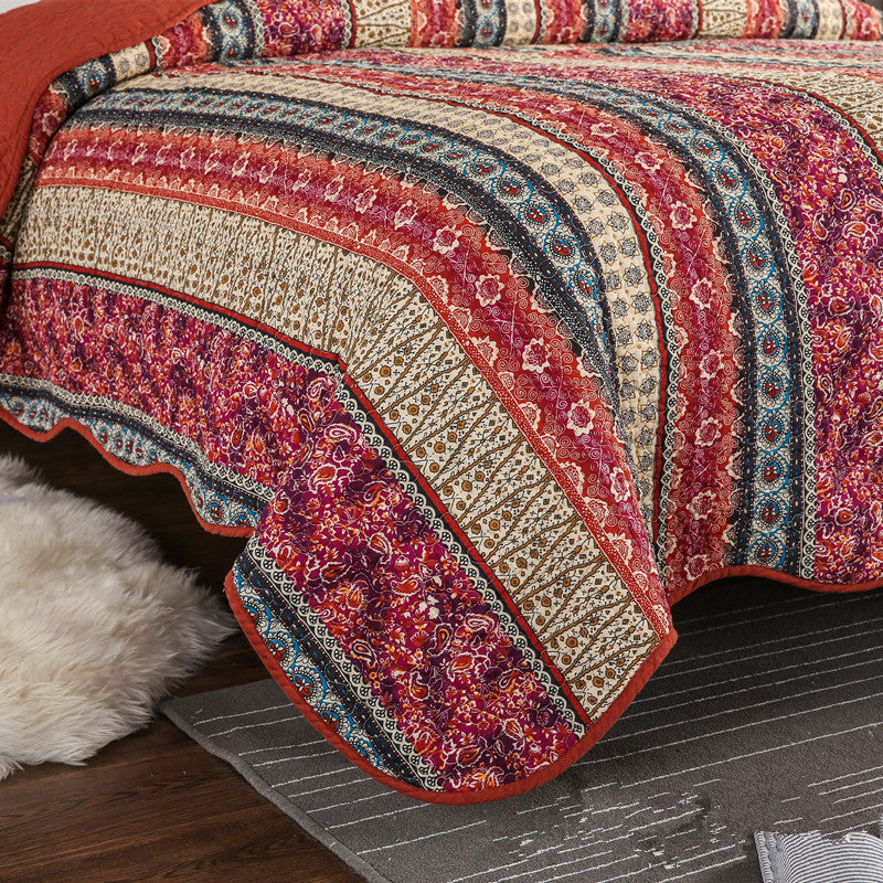 Red Cotton Linen Style Quilt Set with Bed Cover (3 Pieces)