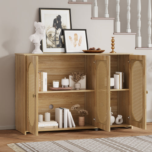 Vintage 3-Door Rattan Sideboard - Natural Wood Look Storage Cabinet
