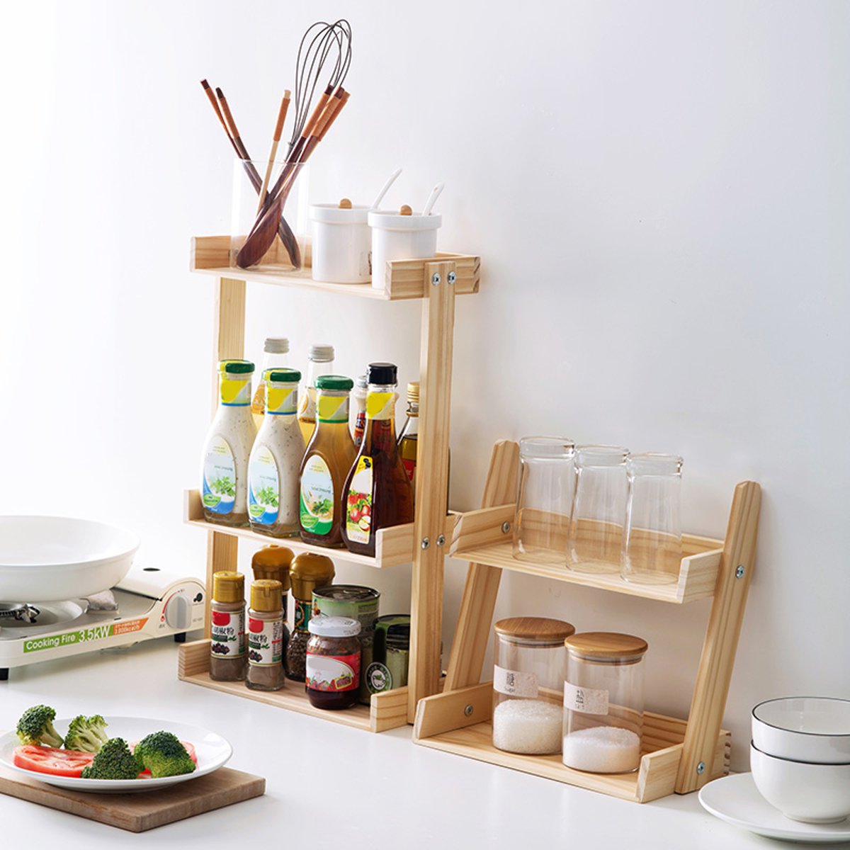 Pine Multi-Layer Simple Spice Rack for Kitchen Storage