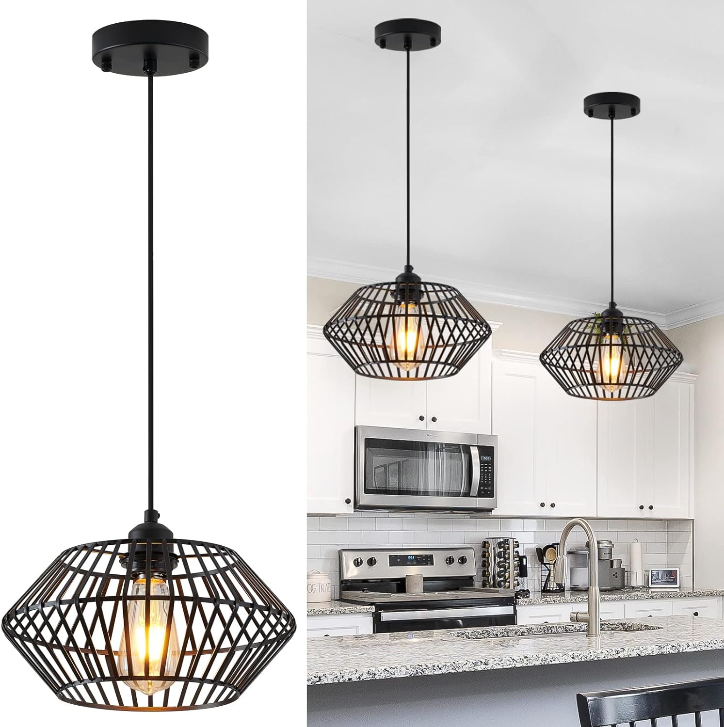 Modern Black Pendant Light, Industrial Pendant Light Fixture, Adjustable Metal Hanging Pendant Lights, Farmhouse Pendant Lighting for Kitchen Island, Hallway