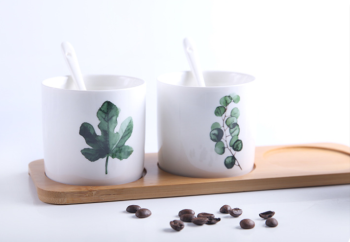 Ceramic Spice Jar Set with Green Plant Design (3 Pieces)