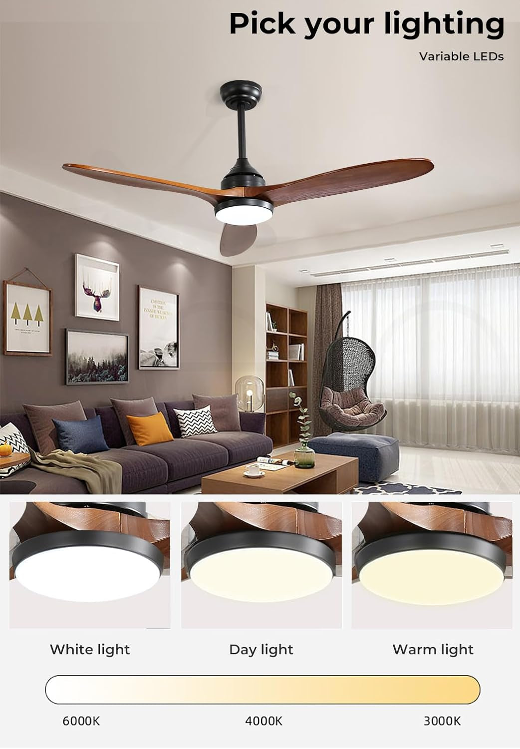 52'' Ceiling Fan DC Motor LED Light Remote Control 1300Mm 5 Speed Walnut Wood Blade Reversible Airflow for Summer Winter 3 Lighting Mode Brown