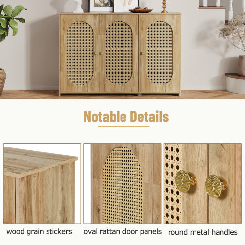 Vintage 3-Door Rattan Sideboard - Natural Wood Look Storage Cabinet