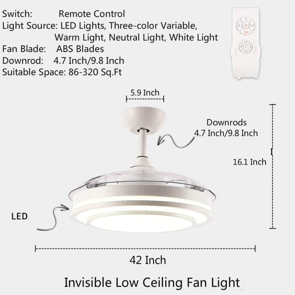 Reversible Retractable Ceiling Fans with LED Light and Remote Control, 42 Inch Invisible Ceiling Fan Chandelier with 4 Clear ABS Blades, Bedroom Fandelier Indoor Ceiling Light Kits with Fans (White)