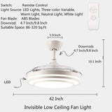 Reversible Retractable Ceiling Fans with LED Light and Remote Control, 42 Inch Invisible Ceiling Fan Chandelier with 4 Clear ABS Blades, Bedroom Fandelier Indoor Ceiling Light Kits with Fans (White)