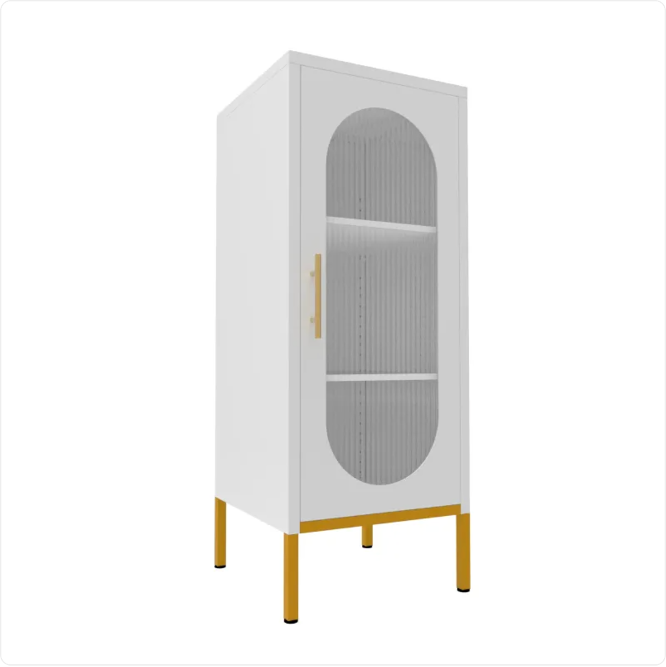 Fluted Glass Door Storage Cabinet - White Steel, 40 x 40 x 101 cm