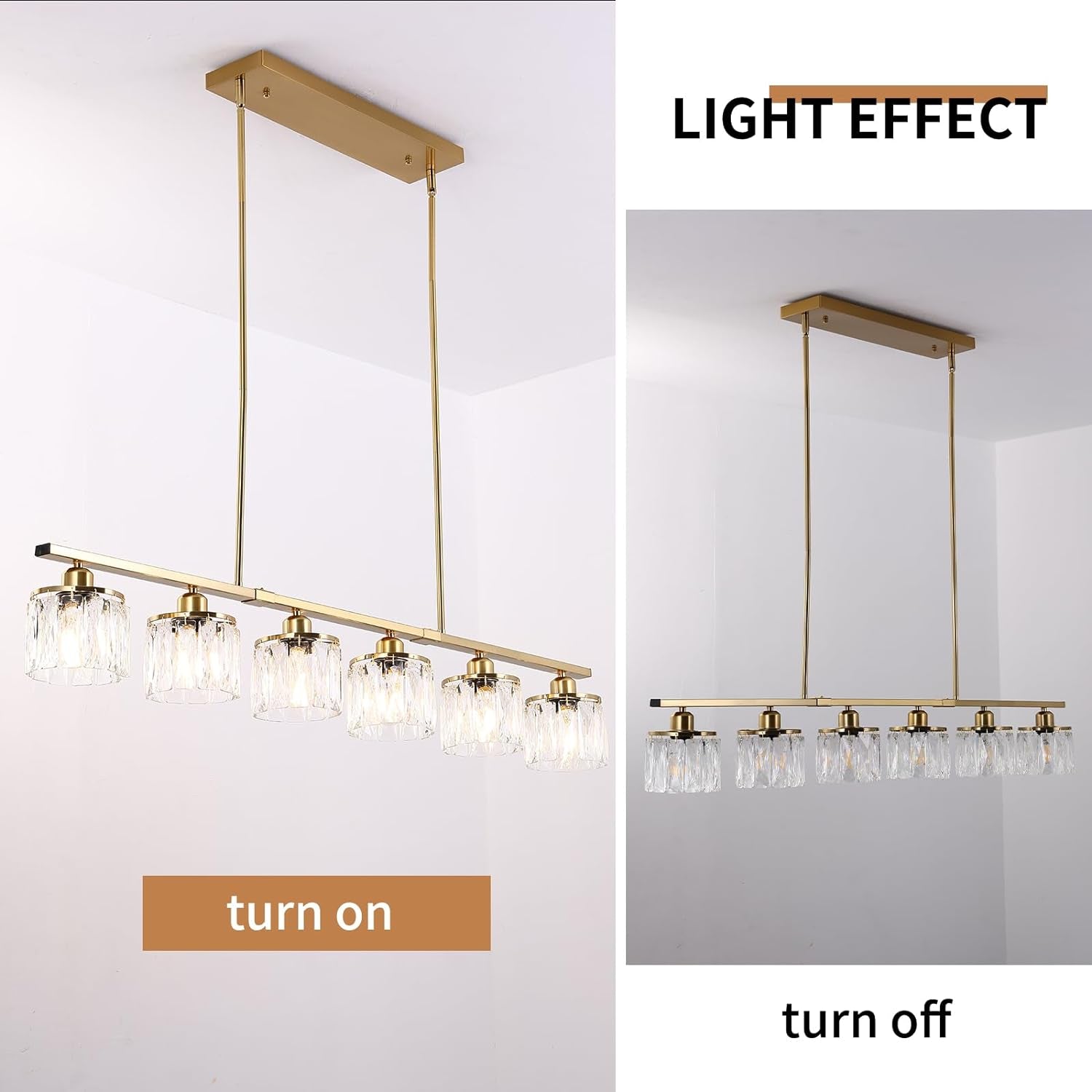 6 Lights Pendant Light 48" Crystal Chandeliers Brass Adjustable Modern Chandelier Linear Ceiling Pendant Lights for Kitchen Island Dining Room, E27 Bulb