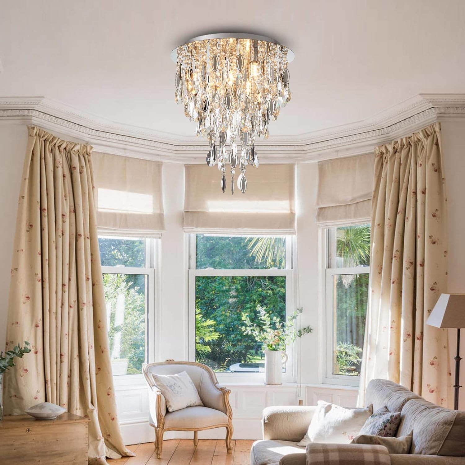 Luxury Modern Crystal Chandelier Ceiling Flush Mount Light Fixture for Bedroom Living Room Kitchen Corridor Stairwell Aisle Hallway, ￠35Cm X H38Cm, Chrome, 4-Lights, G9 Holder