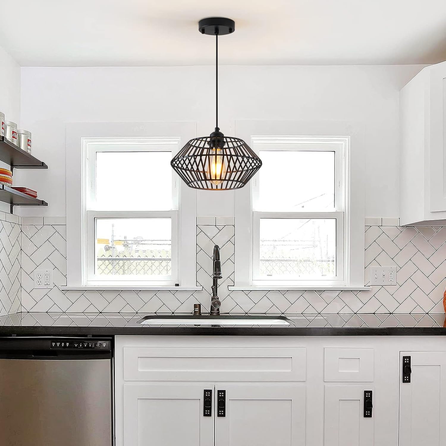 Modern Black Pendant Light, Industrial Pendant Light Fixture, Adjustable Metal Hanging Pendant Lights, Farmhouse Pendant Lighting for Kitchen Island, Hallway