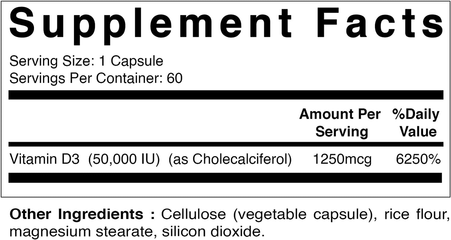 Vitamin D3 50,000 IU (As Cholecalciferol), Once Weekly Dose, 1250 Mcg, 60 Veggie Capsules 1 Year Supply, Progressive Formula Helping Vitamin D Deficiencies
