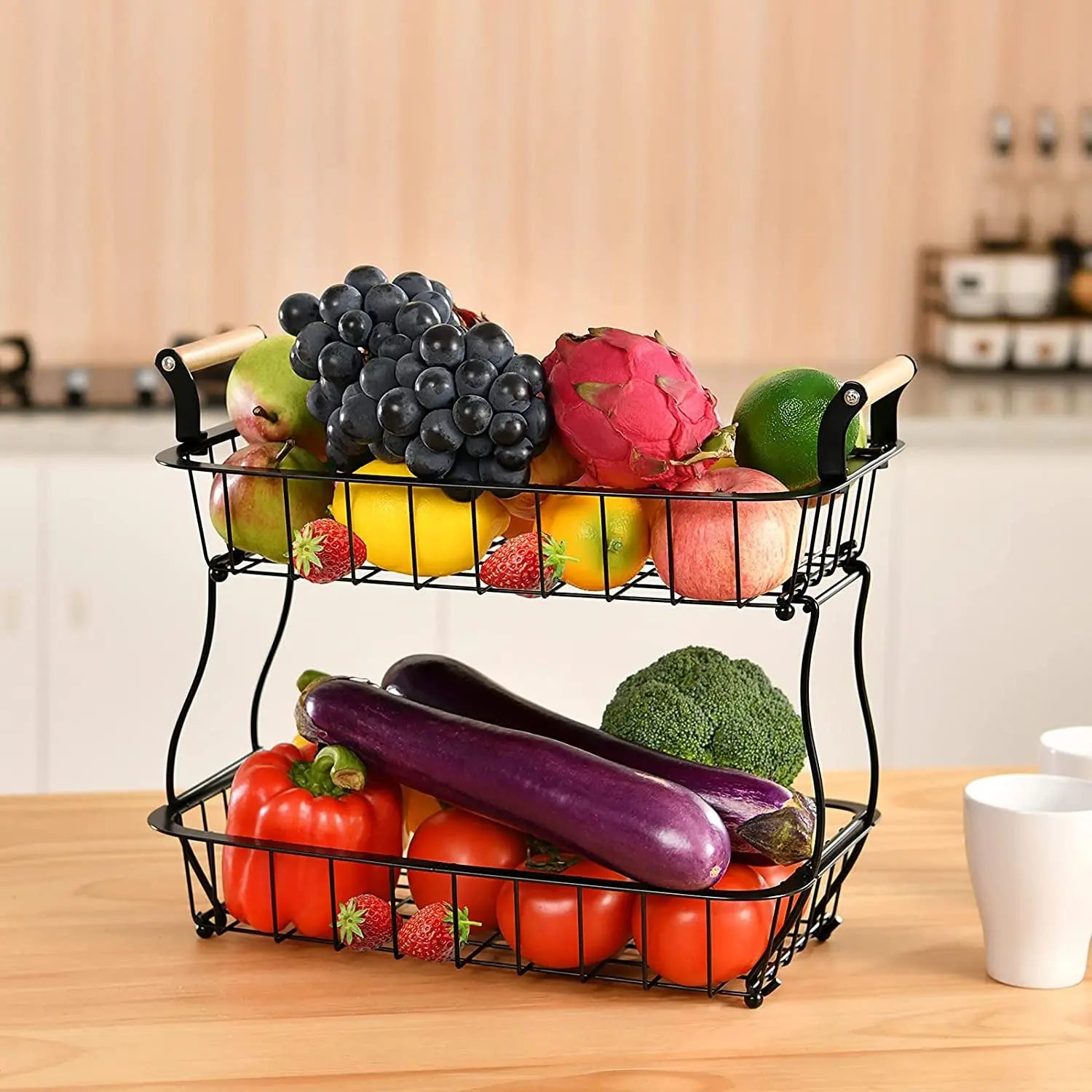 2 Tier Countertop Fruit Basket for Kitchen Vegetable Fruits Basket Bowl Stand Metal Rectangle Wire Basket Storage Holder for Fruits Veggies Bread Snacks Kitchen Organizer, Black