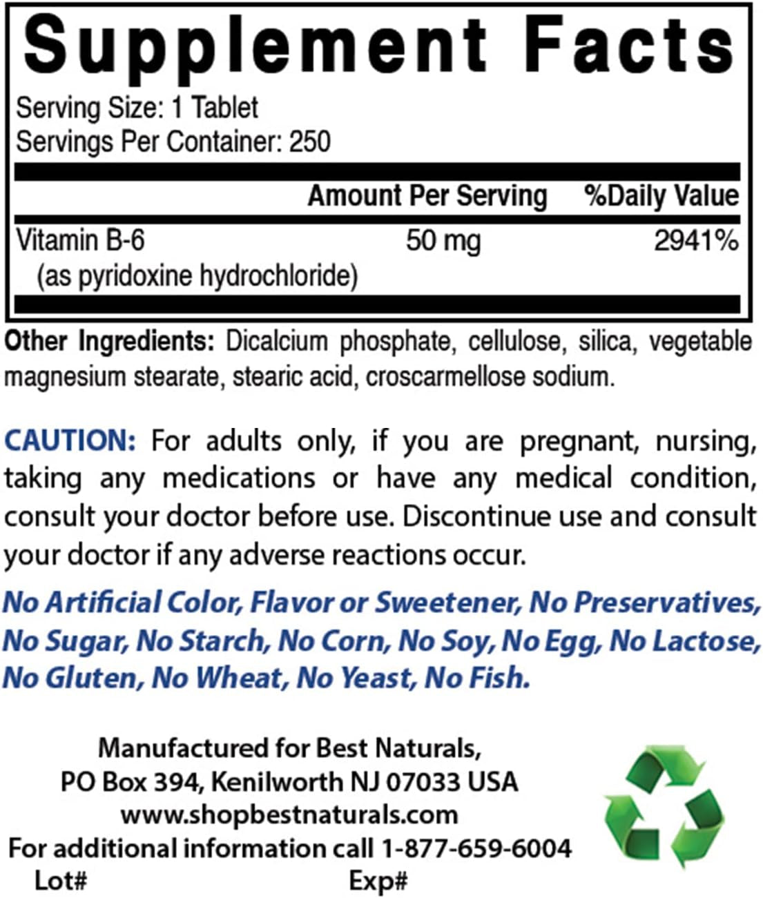 Vitamin B6 50 Mg 250 Tablets (250 Count (Pack of 3))