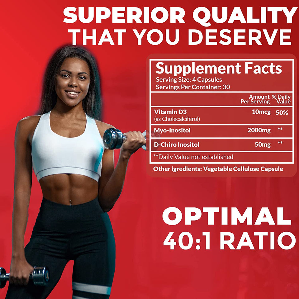 𝐌𝐲𝐨-𝐈𝐧𝐨𝐬𝐢𝐭𝐨𝐥 & 𝐃-𝐂𝐡𝐢𝐫𝐨 Inositol Blend Capsule | Most Beneficial 𝟒𝟎:𝟏 Ratio | Hormone Balance & Healthy Ovarian Support for Women | Vitamin 𝐃𝟑 | 𝟏𝟐𝟎 Inositol Supplement Caps