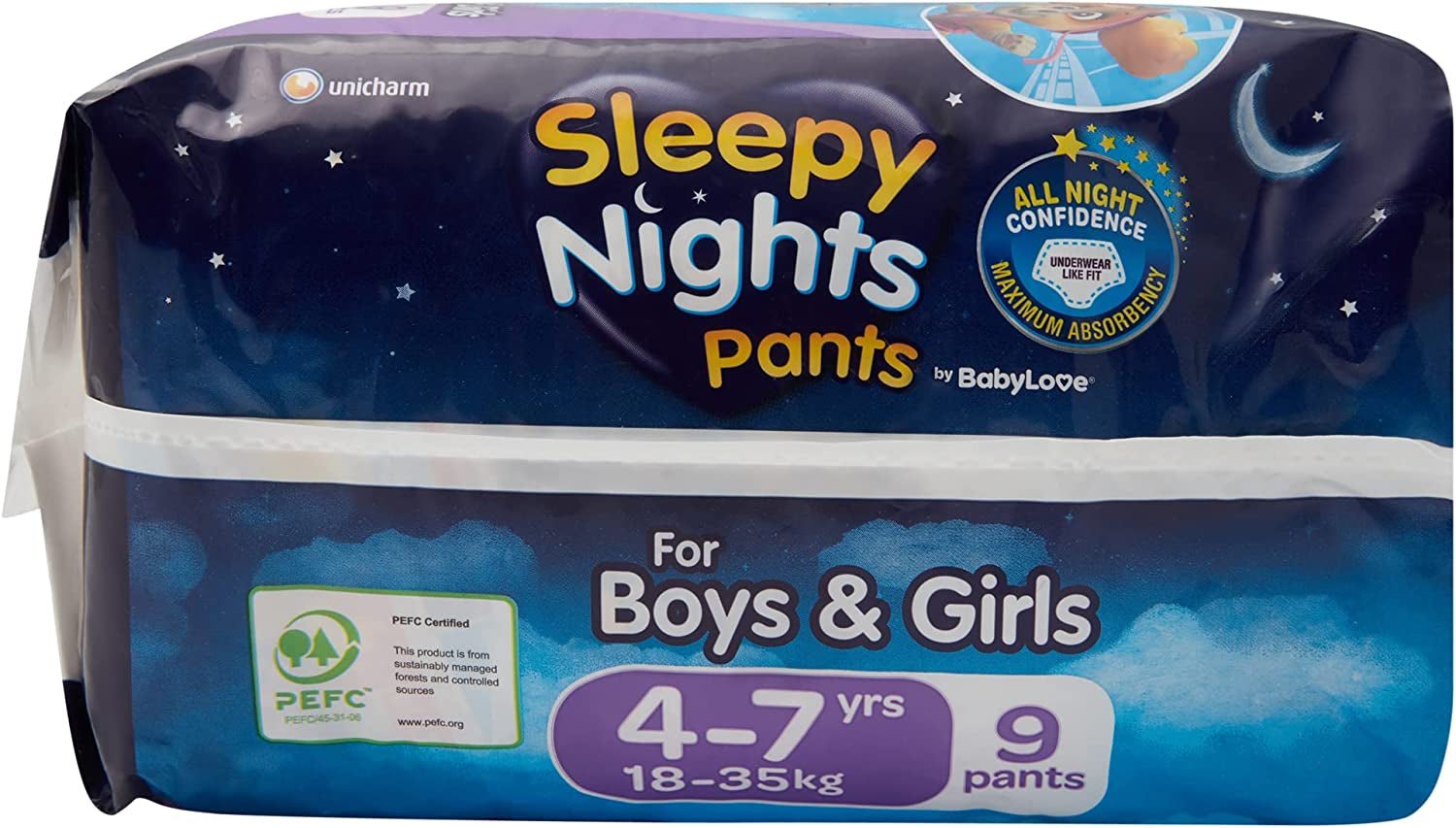 Babylove 27 Piece (3 Pack X 9) Premium Sleepy Nights Overnight Nappy Pants 18-35Kg (4-7 Years)