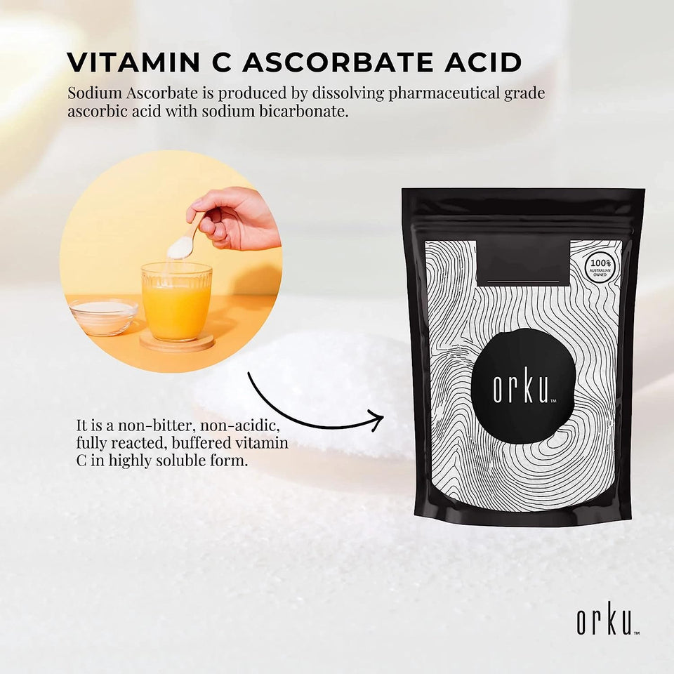ORKU 400G Sodium Ascorbate Powder - Vitamin C Buffered Pharmaceutical Ascorbic Acid | Immune Vitamins for Immune System Booster and Strong Antioxidant for Making Serum or Adding to Smoothie and Drinks