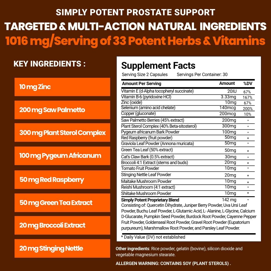 Prostate Supplements for Men (60 Capsules), Palmetto Prostate Health Support - 33 Vitamins & Herbs - Beta Sitosterol, Zinc, for Healthy Urination Frequency & Uninterrupted Sleep