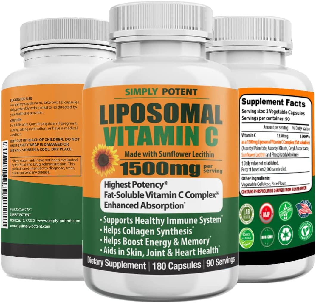 Liposomal Vitamin C 1500Mg, 180 Vit C Capsules, Stronger Supplement than Liposomal Vitamin C 1000Mg or Vitamin C 500Mg, High Dose Ascorbic Acid Vitamin C Antioxidant for Collagen Immune Support Heart