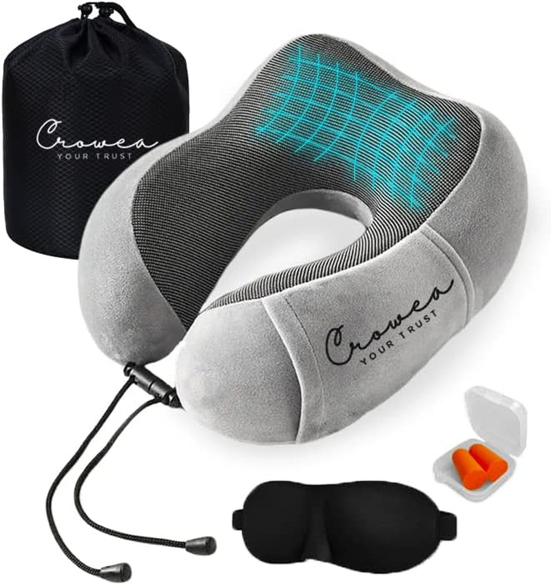 Travel Pillow - 100% Pure Memory Foam Neck Pillow with 360 Degree Comfortable & Breathable Head Support, Includes Luxury Bag, Sleep Mask & Earplugs for Airplane, Car, Train and Bus (Light Grey)