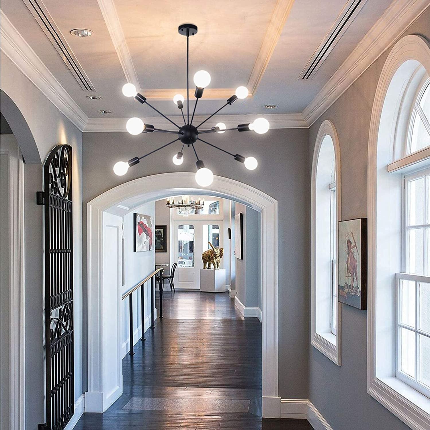 Matte Black Sputnik Chandelier 12 Lights Adjustable Modern Chandeliers for Dining Room Ceiling Lighting Fixtures Hanging Vintage Industrial Pendant Lighting for Kitchen Island Hallway Bedroom