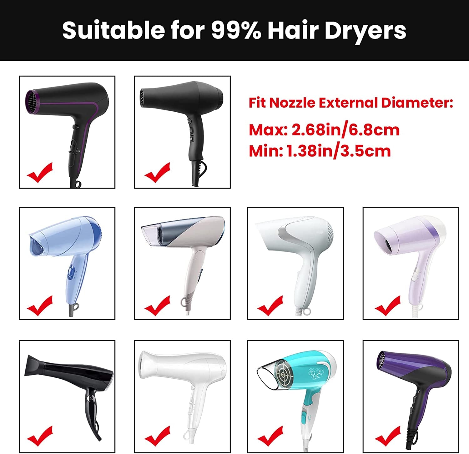 Universal Curly Hair Diffuser, Adaptable Hair Diffuser Attachment for Hair Salon Quality Hairstyling Tool Hair-Protective Frizz-Free Fast-Drying for Dryers with 1.58 to 2.48 Inches Nozzle