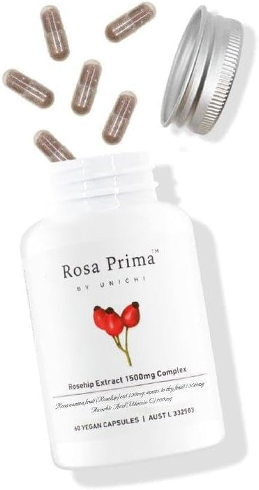 Rosa Prima Rosehip Extract 1,500Mg Complex, Collagen Formation and Skin Repair Supplement with Vitamin C&E for Glowing, Nourishing and Firming, 60 Vegan Capsules