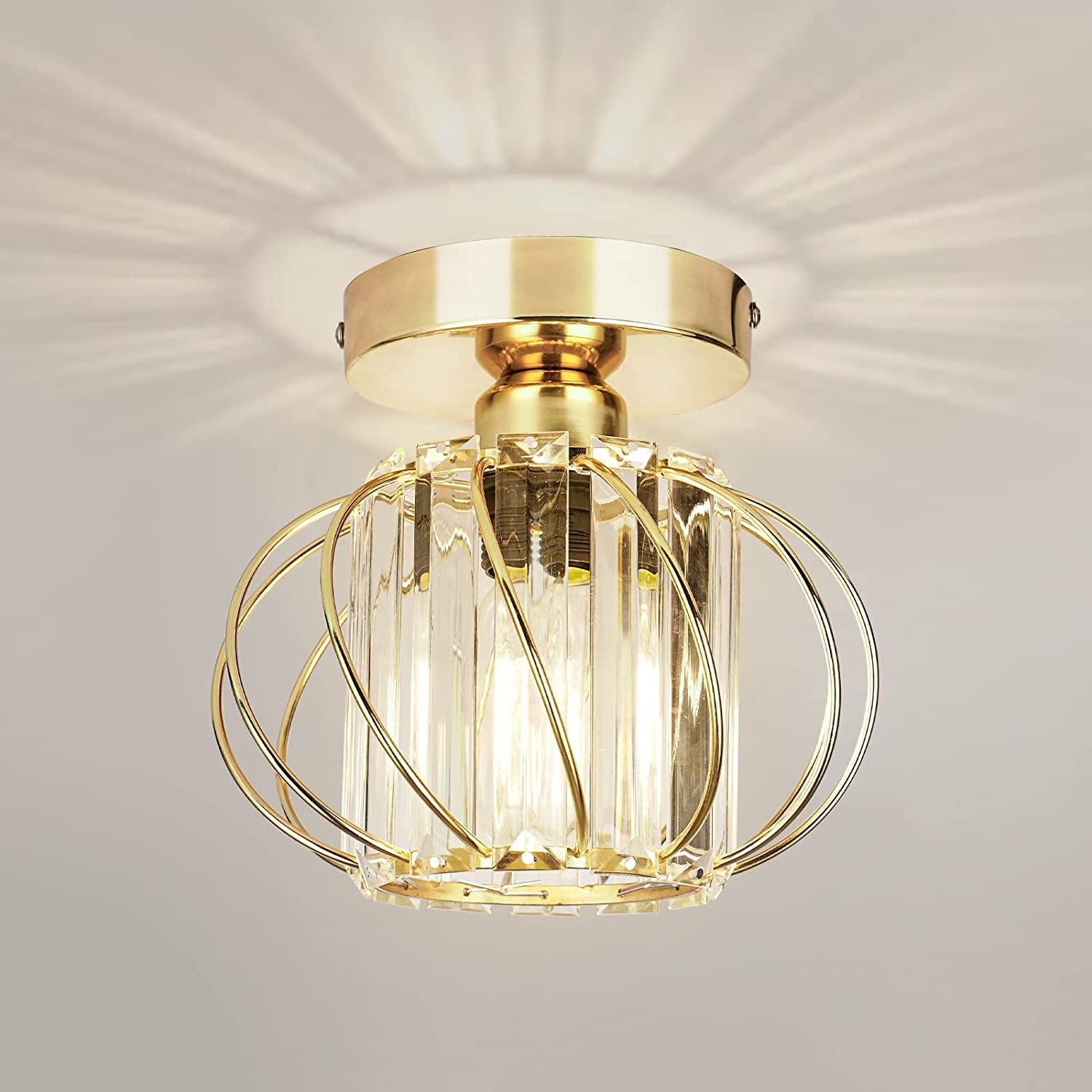 Modern Crystal Ceiling Light Fixture- Industrial Mini Semi Flush Mount Ceiling Lighting LED Crystal Chandeliers Fitting for Kitchen Hallway Dining Rooms Living Room - Gold