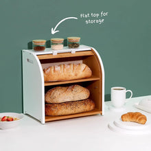 Load image into Gallery viewer, Homefully Double Layer Bread Box for Kitchen Storage &amp; Organisation with Chopping Board, 2 Layer Extra Large Wooden Roll Top Bread Bin
