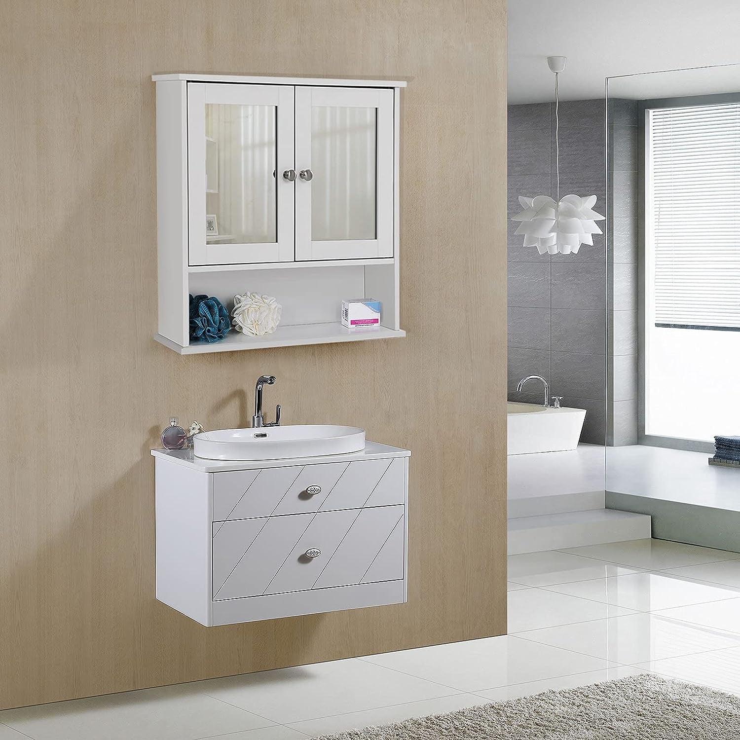 Double Mirror Doors Bathroom Cabinet, Wall Cabinet, Storage Cupboard, Wall-Mounted Storage Unit, Adjustable Height Shelves, 56 X 13 X 58 Cm, White LHC002