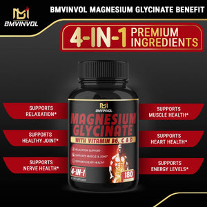 Magnesium Glycinate with Vitamin B6, Vitamin C, Vitamin D - 6 Months Supply - Natural Elemental Support for Sleep, Muscles, and Bones