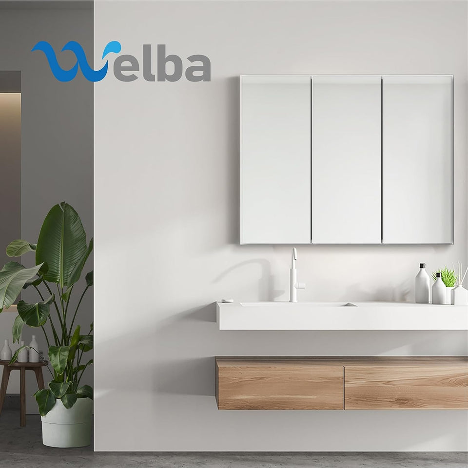 Welba Bathroom Cabinet with Mirror Adjustable Shelves Cupboard Shower Mirror Cabinet Wall Mount Storage Cabinet 90 X 72Cm