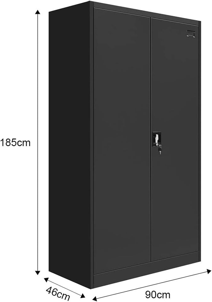 Locker Cabinet Steel Filing Cabinet 185Cm Lockable File Storage Cupboard 2 Door 4 Shelves Office Home Stationary Black