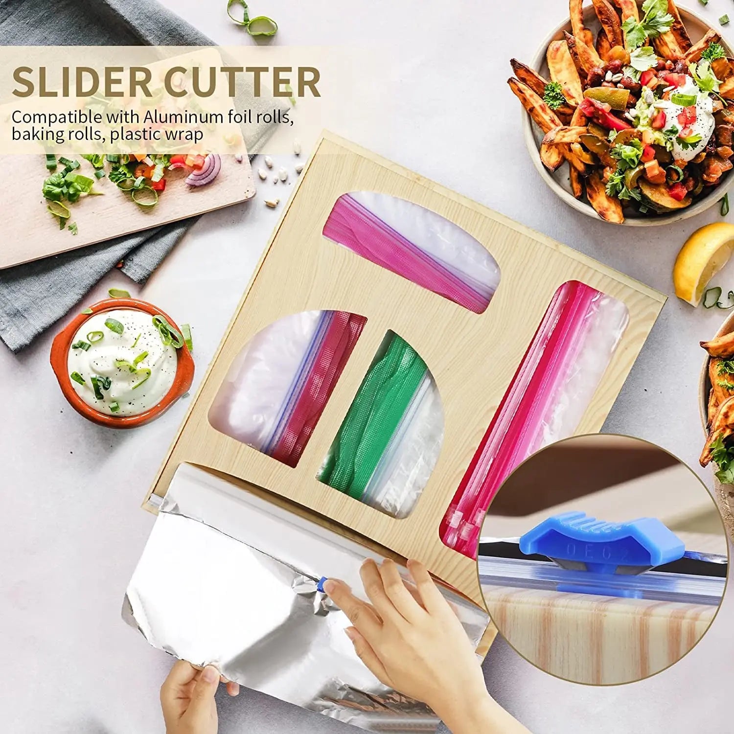 Ziplock Bag Storage Organizer, Foil and Plastic Wrap Dispenser with Cutter, Plastic Bag Organizer, Ziplock Bag Organizer for Gallon, Quart, Sandwich & Snack Etc.