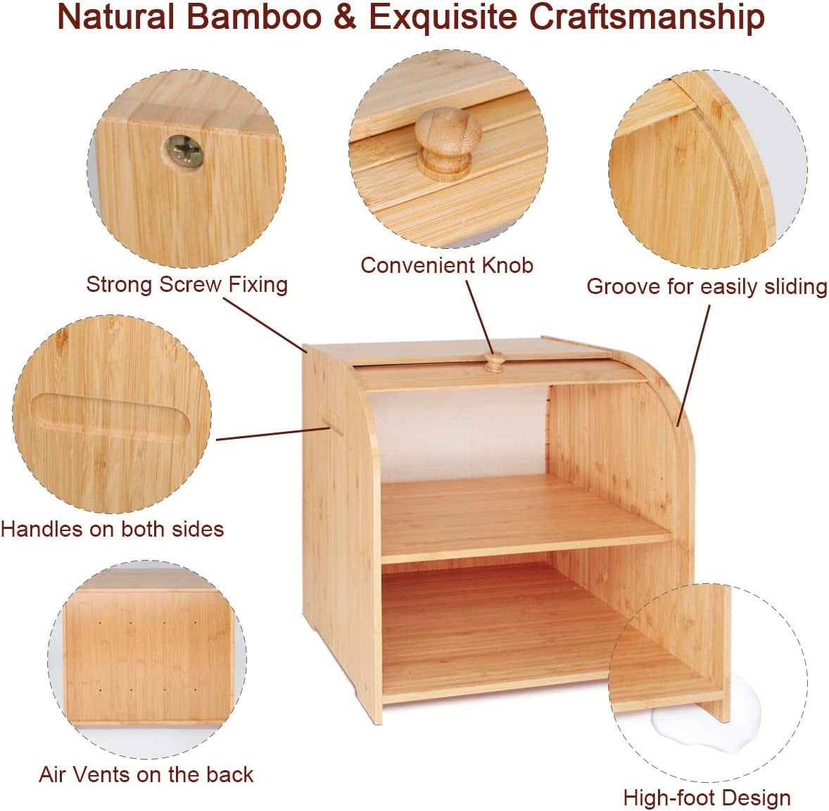 Bamboo Bread Box for Kitchen Counter, Double Layer Roll Top Bread Keeper Food Storage Container with Adjustable Shelf