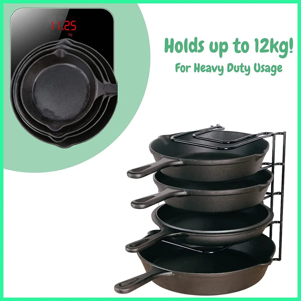 Heavy Duty Pots N Pan Organizer Rack | Kitchen Cabinet Storage Organizers for Cookware, Pot Lid Holder, Cast Iron Skillet, Bakeware - No Assembly Required