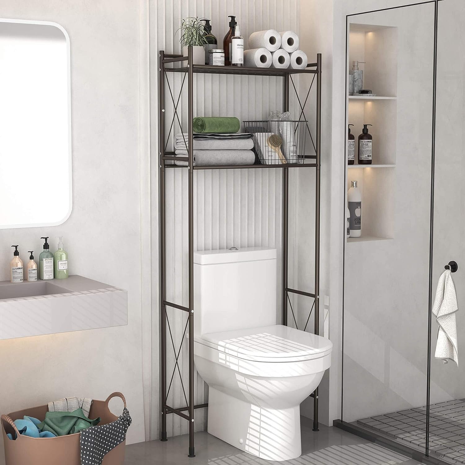 over the Toilet Storage Shelf, 2-Tier Bathroom Organizer Space Saver, Free-Standing above Toilet Rack Metal Bathroom Shelves (Brown, 2 Tier)