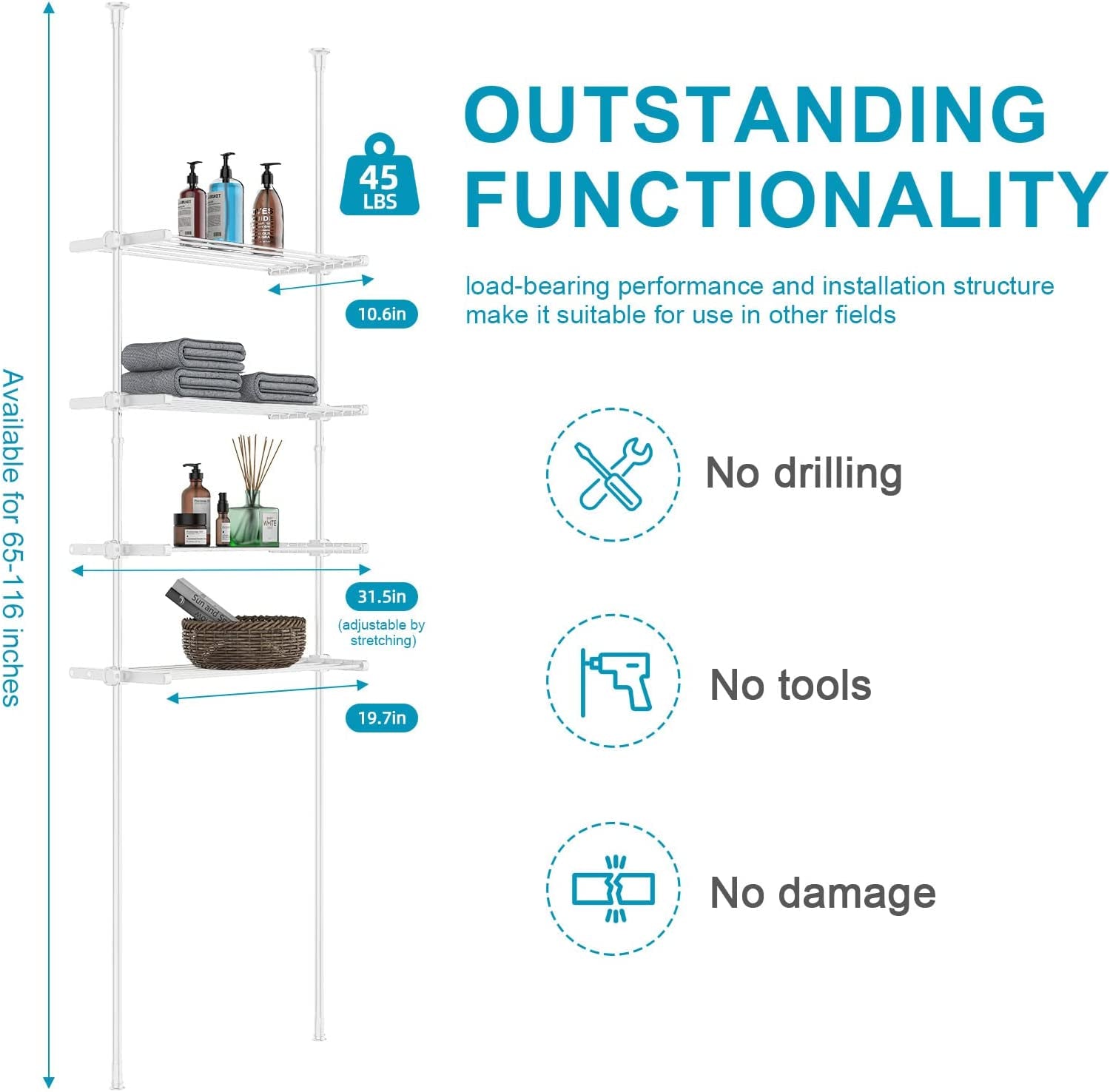 Bathroom Organizer, 4-Tier Over-The-Toilet Storage, Adjustable Floor to Ceiling Storage Cabinet, Metal Bathroom Shelves for Small Room, Saving Space, 65 to 116 Inch Tall, White