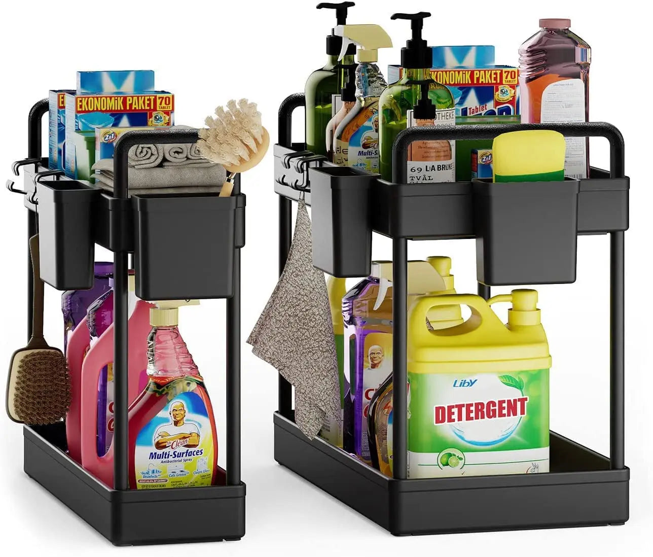 2 Pack under Sink Organizers and Storage, 2 Tier Kitchen Cabinet Organizer with Cups and Hooks, Desktop Kitchen Organization, Black Multi-Purpose Bathroom under Sink Shelf Organizer Basket