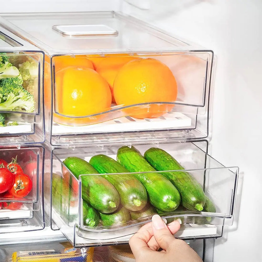 2 Pack Clear Stackable Fridge Drawers,Pull Out Fridge Organiser Bins with Lids、Drain Tray and Drawer,Large Food Container Storage Box for Fruit & Vegetable Storage