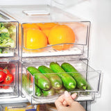 2 Pack Clear Stackable Fridge Drawers,Pull Out Fridge Organiser Bins with Lids、Drain Tray and Drawer,Large Food Container Storage Box for Fruit & Vegetable Storage