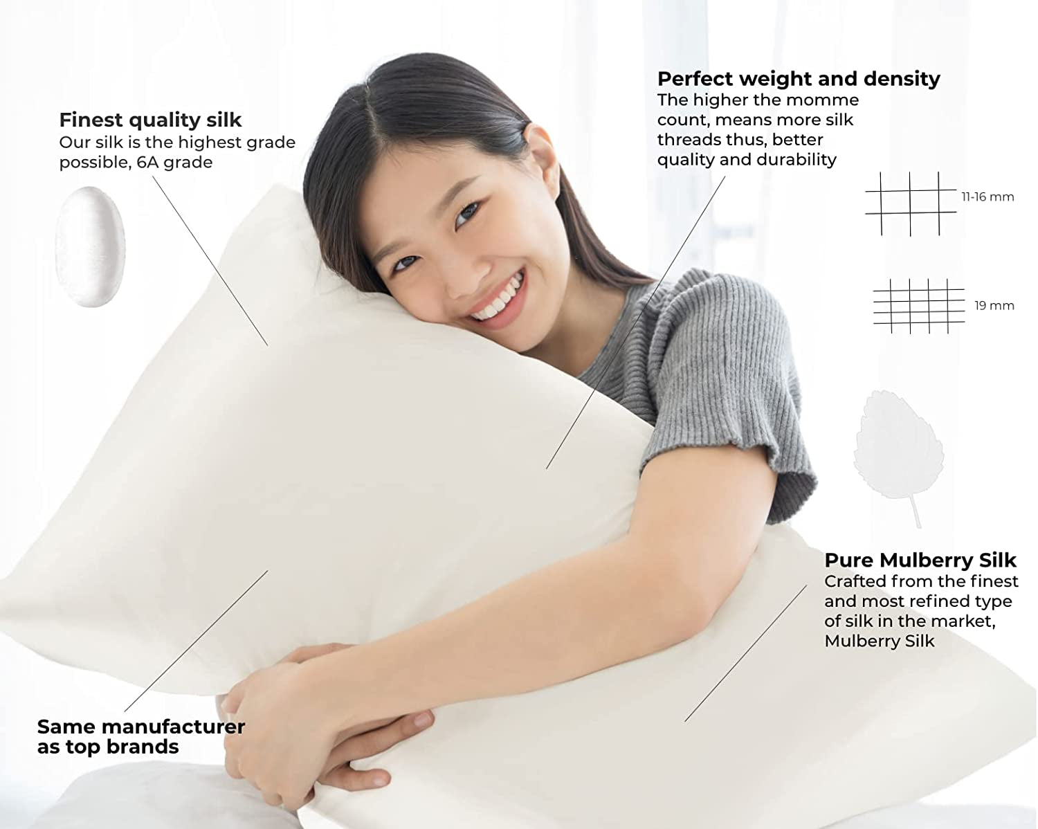 100% Mulberry Silk Pillowcase for Hair & Skin - Luxury Hypoallergenic Both Side Silk (Queen Size, 50X75Cm) (Ivory White)