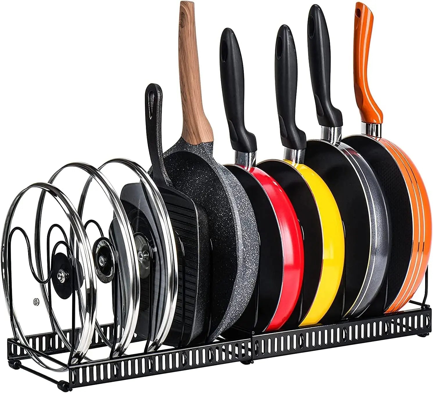 Expandable Pans Organizer Rack, 10 Adjustable Compartments, Cookware Holder for Pantry or Cabinet, Black
