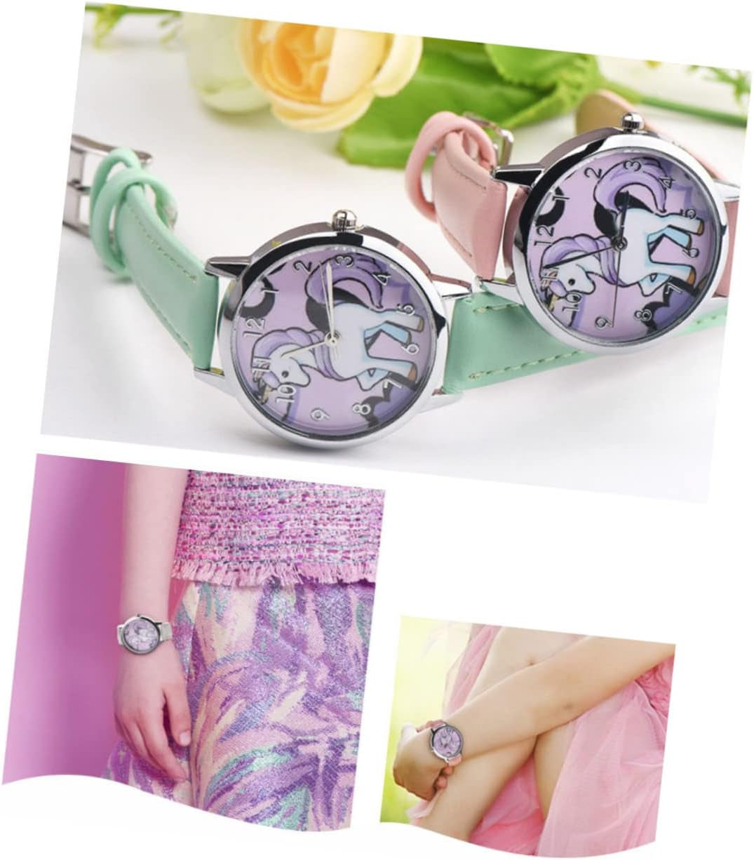 2Pcs Fashion Leather Gift Birthday Pink for Bands Kids with Device Time Unicorn Pattern Wrist Cartoon Watch Children