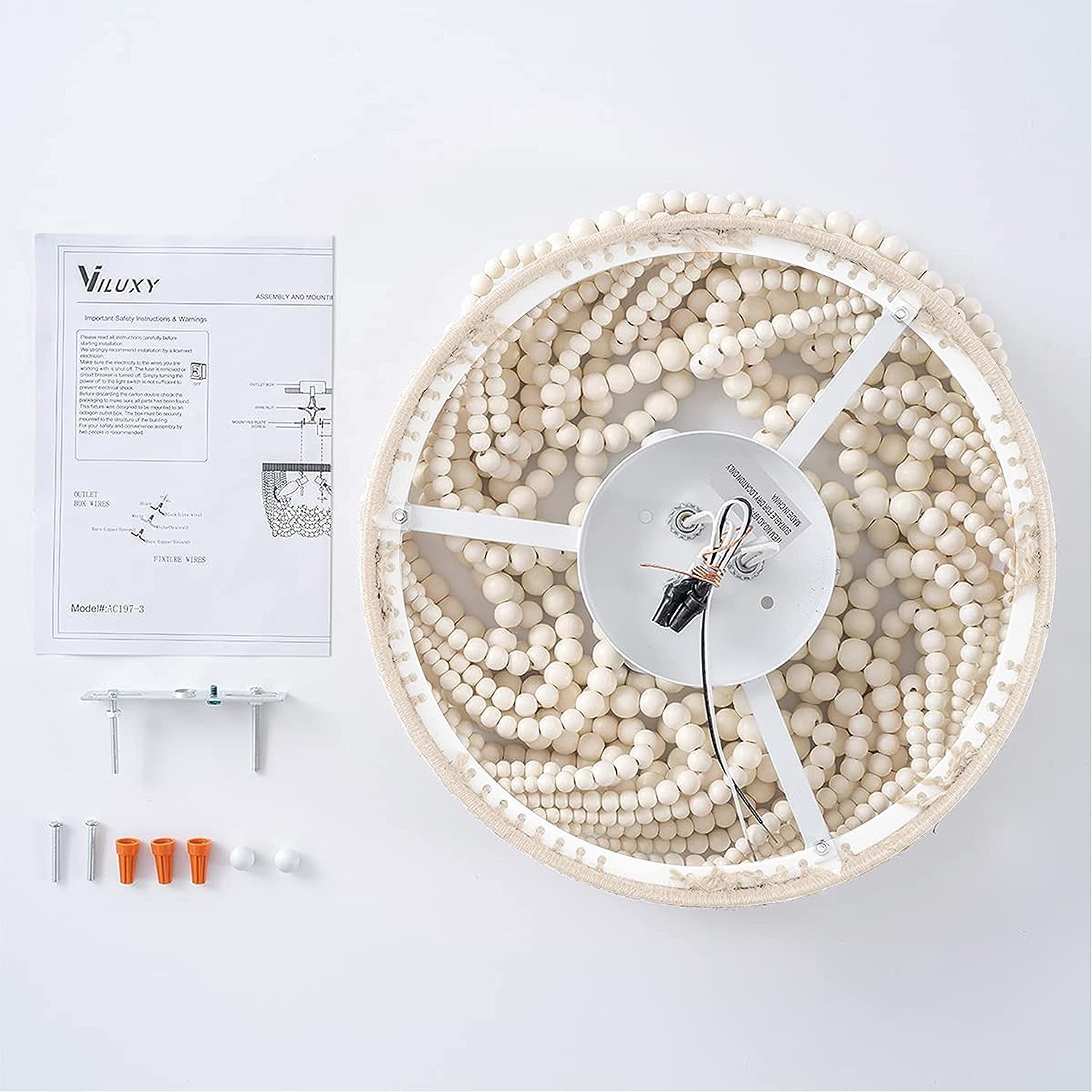 Bohemia Wood Beaded Chandelier Flush Mount Ceiling Light,Farmhouse Antique White with Hemp Rope Mini Pendant Light Fixture for Bedroom,Hallway, Entryway, Passway, Dining Room,3-Light