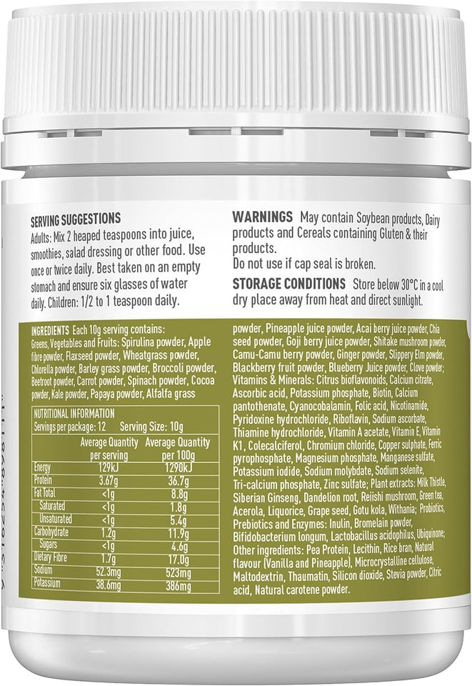 Super Greens Powder - 120G | Contains Vitamins, Minerals, Antioxidants, Herbs, Dietary Fibre, Protein, Digestive Enzymes + Probiotics