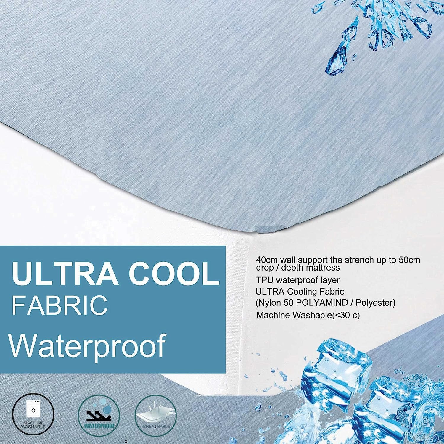 Ultra Cool Waterproof Mattress Protector Queen Size Breathable Hypoallergenic Fully Fitted Ultra Cool Mattress Protector (Queen)