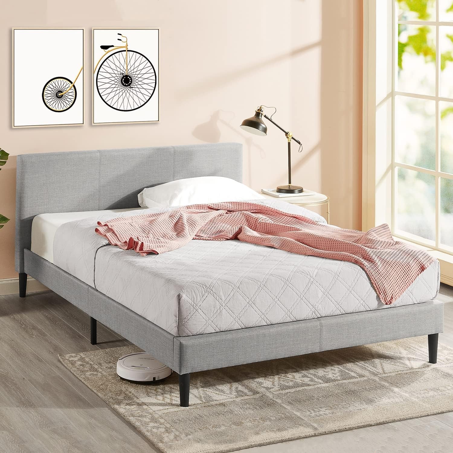 Queen Bed Frame Fabric Upholstered Platform Bed Base, Light Grey