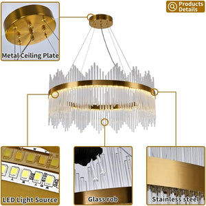 Modern Glass Chandelier D80Cm Luxury round Gold Hanging Ceiling Light 3 Colors Light Dimmable Semi Flush Mount Chandelier Pendant Lights Fixture for Dining Room Living Room Kitchen Bedroom