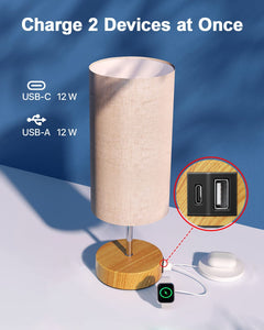 Bedside Lamp Touch Control Table Lamp with USB A+C Charging Ports 3-Way Dimmable Nightstand Lamp with Linen Fabric Shade for Bedroom Living Room